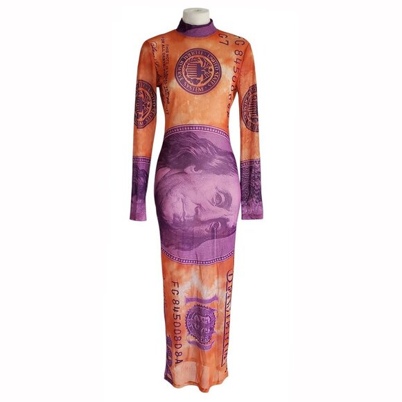 No 1 Los Angeles Bodycon $100 Orange Purple Sheer Y2K Mesh Long Maxi Dress L - Picture 2 of 16